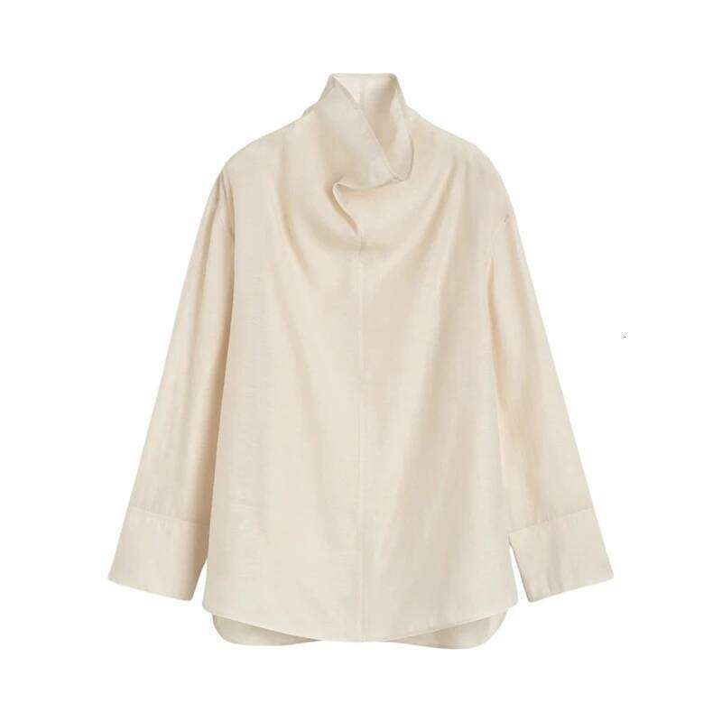 Early Spring 2025 New Women's Funnel Collar Shirt Loose Organza Long Sleeve T-Shirt See-Through Tops