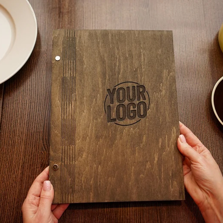 Personalized wooden slotted line A4 wood menu cover holder book with rivets and custom micro logo engraving for restaurants cafes and bars