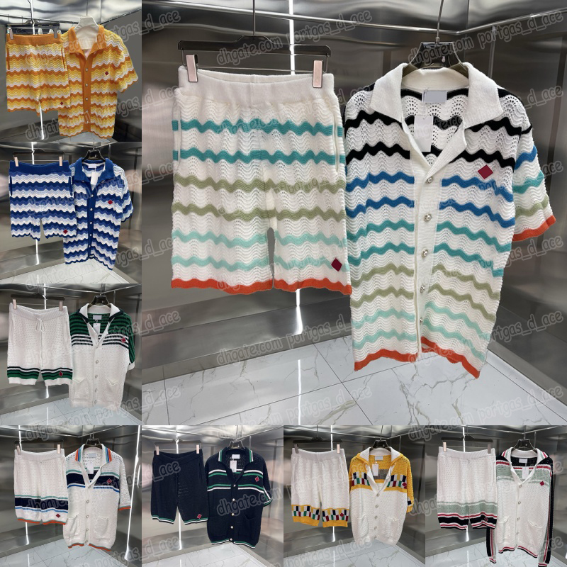 Designer Mens Knitted Top Shorts Outfits Summer Loose Hollow Knit T Shirt Short Pants Resort Beachwear Luxury Brand Contrast Color Lapel Tees Knitwear Set