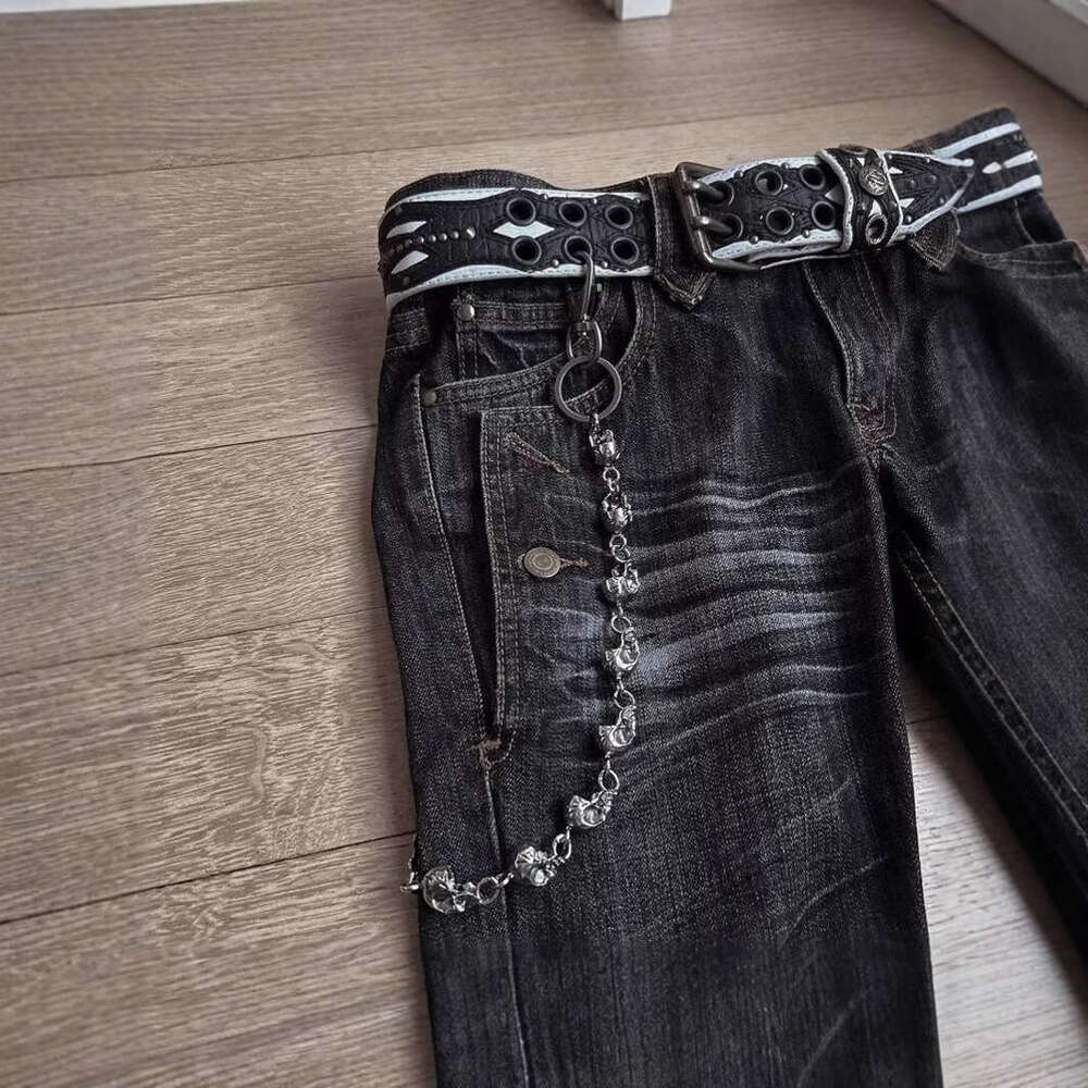 American Style Embroidered Heavy Craft Punk Washed Black Straight Leg Flare Jeans For Women And Men B5