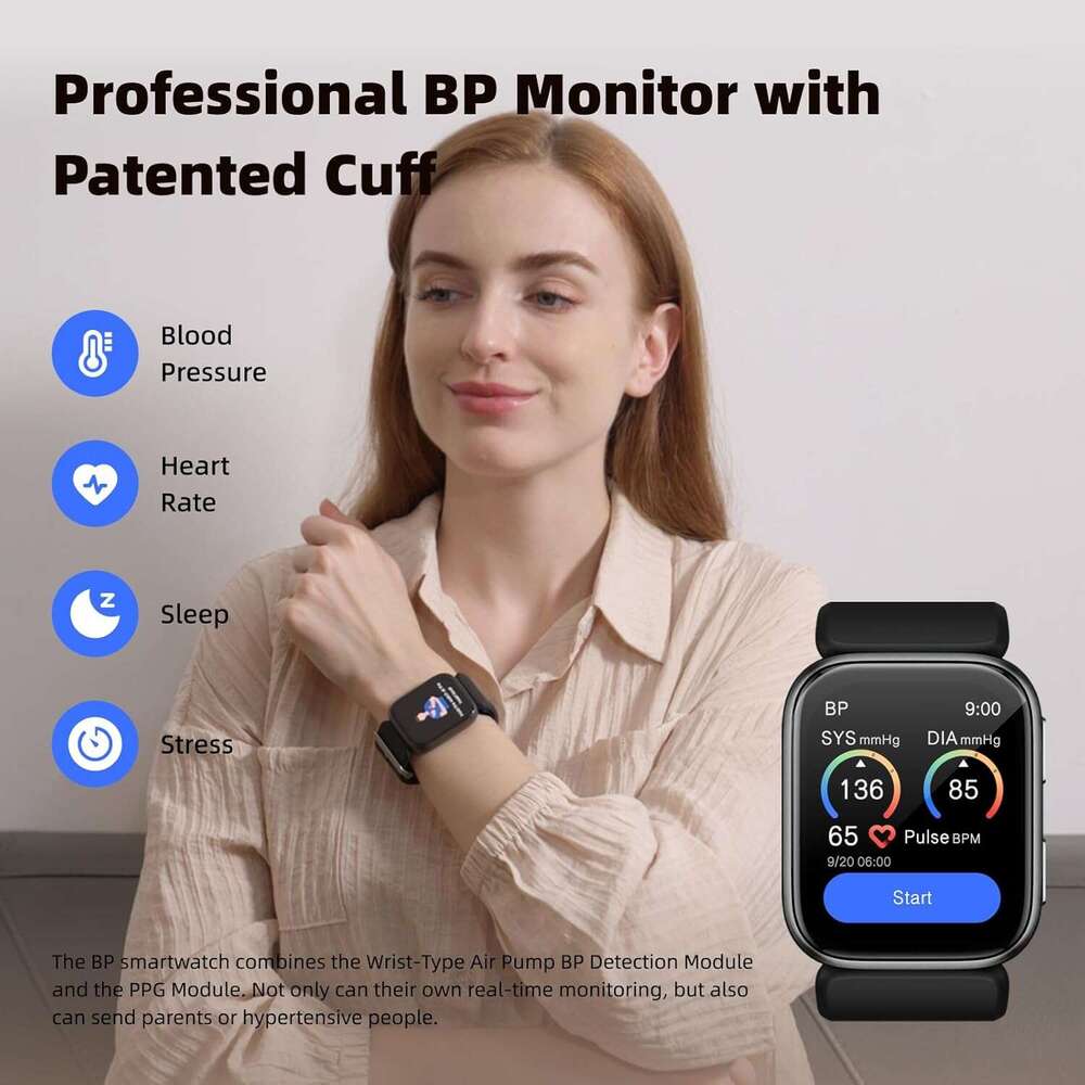 Smart Monitor with Air Pump Cuff Blood Pressure Watch Sleep and Sports Tracking for Android iOS Supports Reminder Monitoring Data Sharing etc