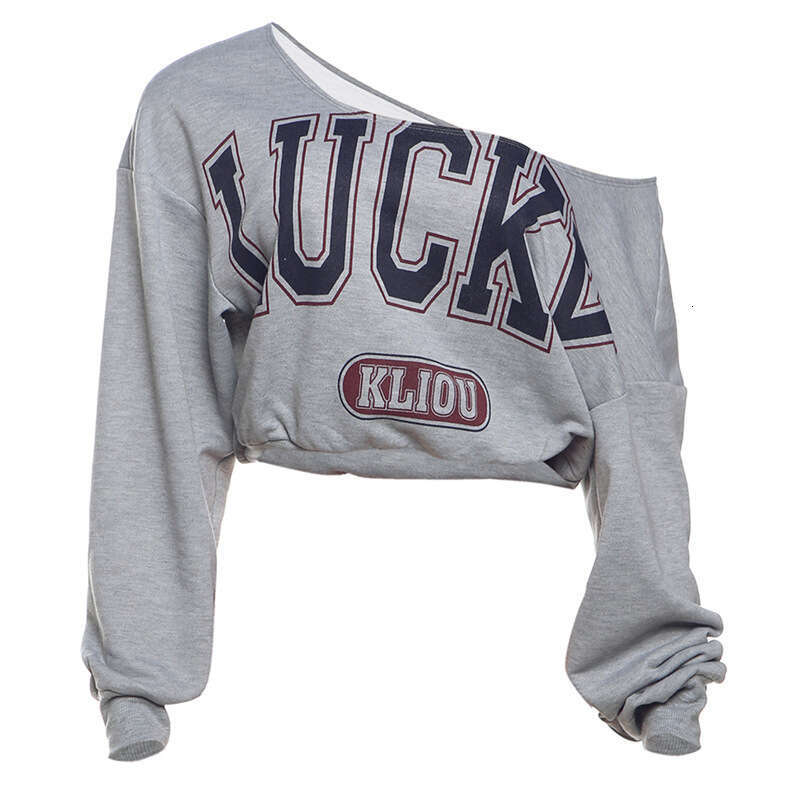 hoodie Women's Wear Women's Fashion Autumn Winter New Style Personality Letter Print Casual Asymmetric Shoulder Loose Cropped Long Sleeve T-