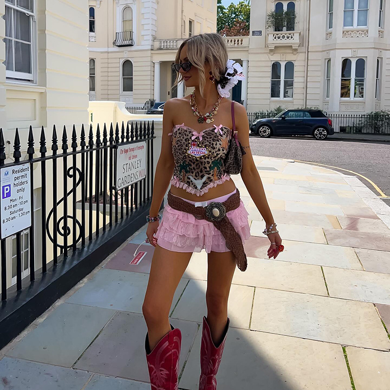 Women's Tracksuits FLARORA Sweet Lace Bow Two Piece Sets Woman Sleeveless Leopard Print Crop Tops And Ruffle Shorts Y2k Street Skirts Suits