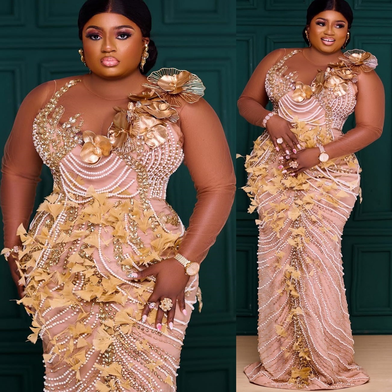 Champagne Mermaid Prom Dresses 2025 Feather Flowers Pearls Illusion Evening Formal Party Second Birthday Engagement Gowns Plus Size Dress For Special 