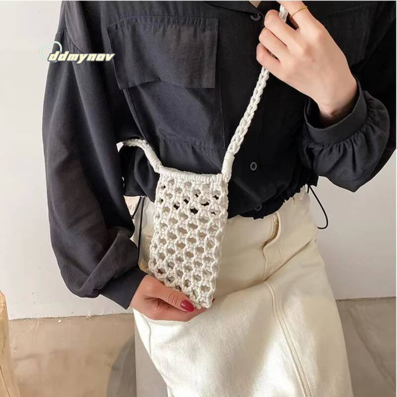 Women Fashion Small Phone Bag Solid Color Hollow-out Woven Crochet Lightweight Braided Shoulder Handbag Crossbody Bags ddmynov