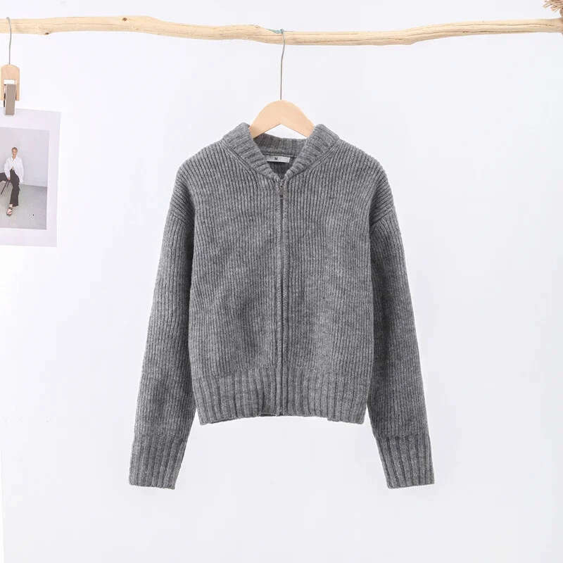hoodie Women's Wear Autumn Winter New High Street Jacket Knitted Gray Fashion Zipper Round Neck Long Sleeve Women's Sweater jacket