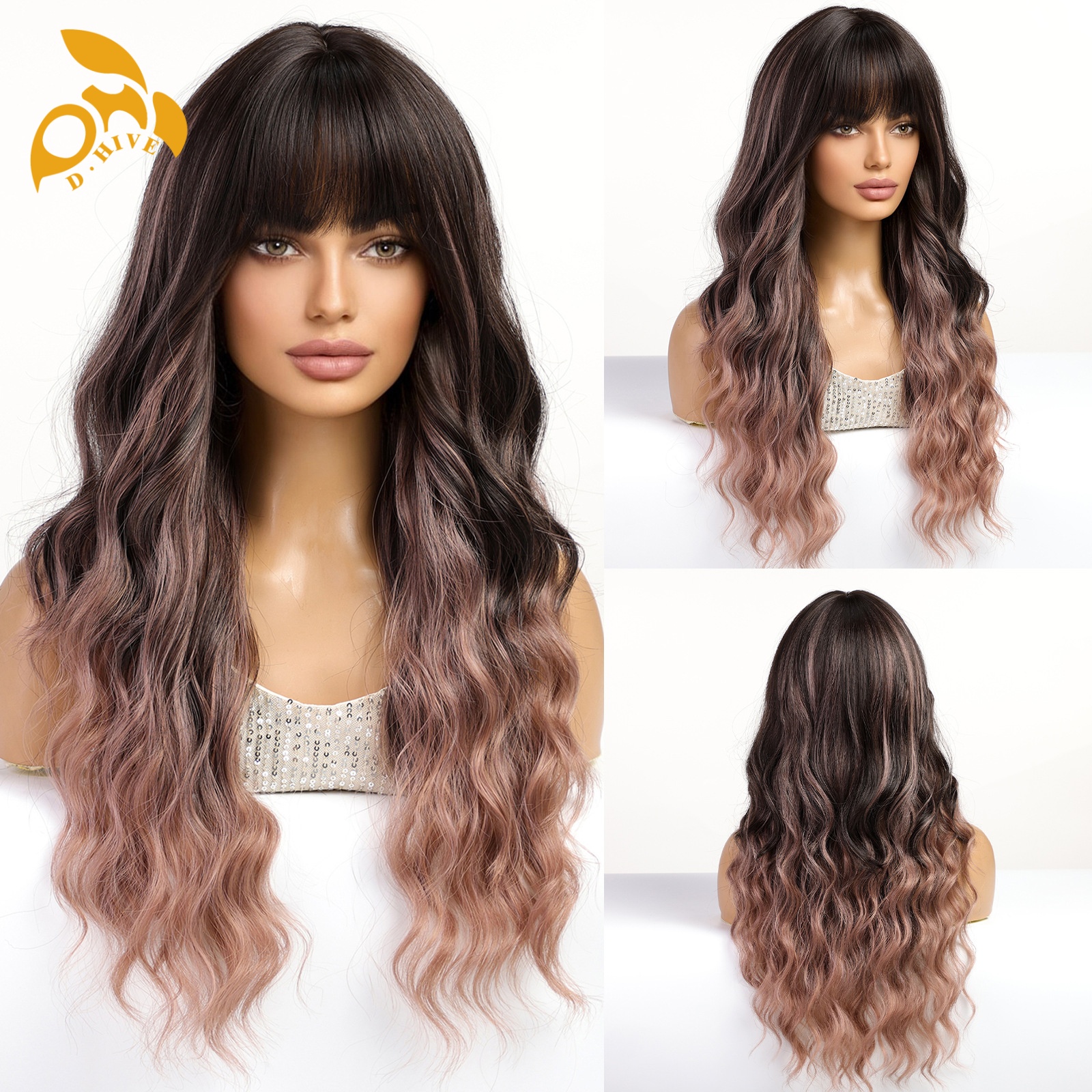 Free shipping Hair Wigs for womans wigs human hair large wave bang long curly hairfull head set women's wig color black pink brown