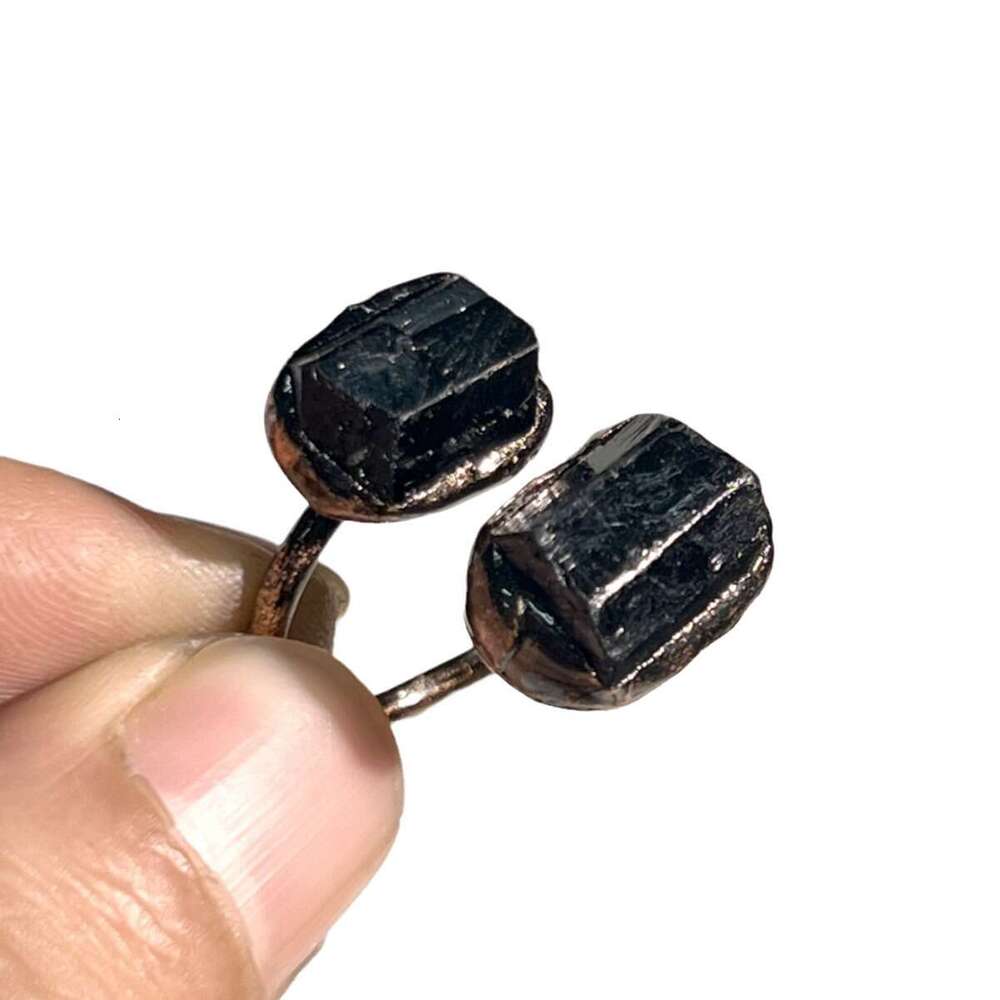 Natural Black Tourmaline Blue Crystal Labradorite Irregular Adjustable Open Personality Ring