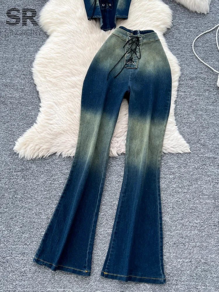 SINGREINY Women Retro Denim 2pcs Sets Halter Sleeveless TopsSkinny Lace Up n Jeans Female Gradient Streetwear Chic Outfits 250612
