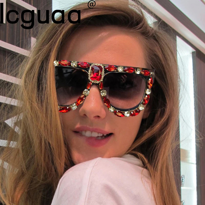 Oversized Red Rhinestone Sunglasse and Men Fashion Bling Sun Glasses Shades le tes de sol para mujer 250609
