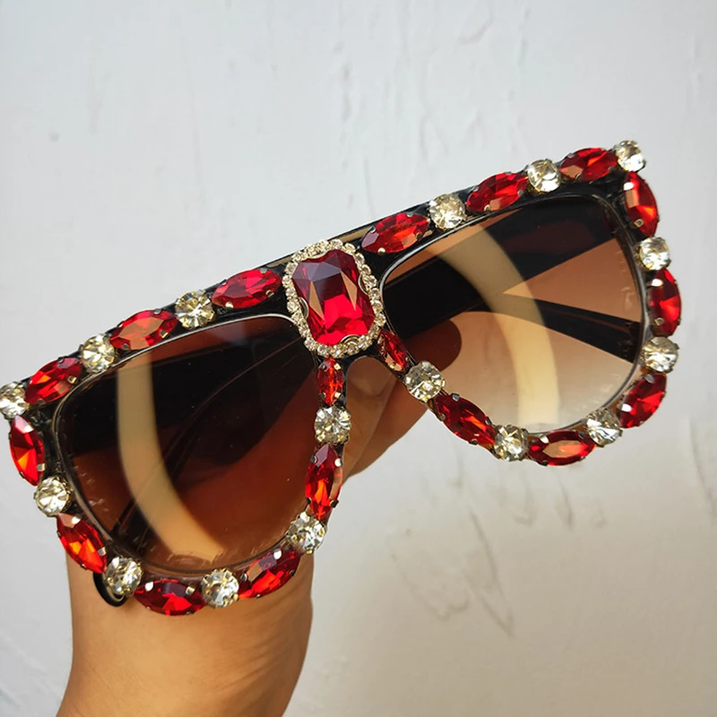 Oversized Red Rhinestone Sunglasse and Men Fashion Bling Sun Glasses Shades le tes de sol para mujer 250609