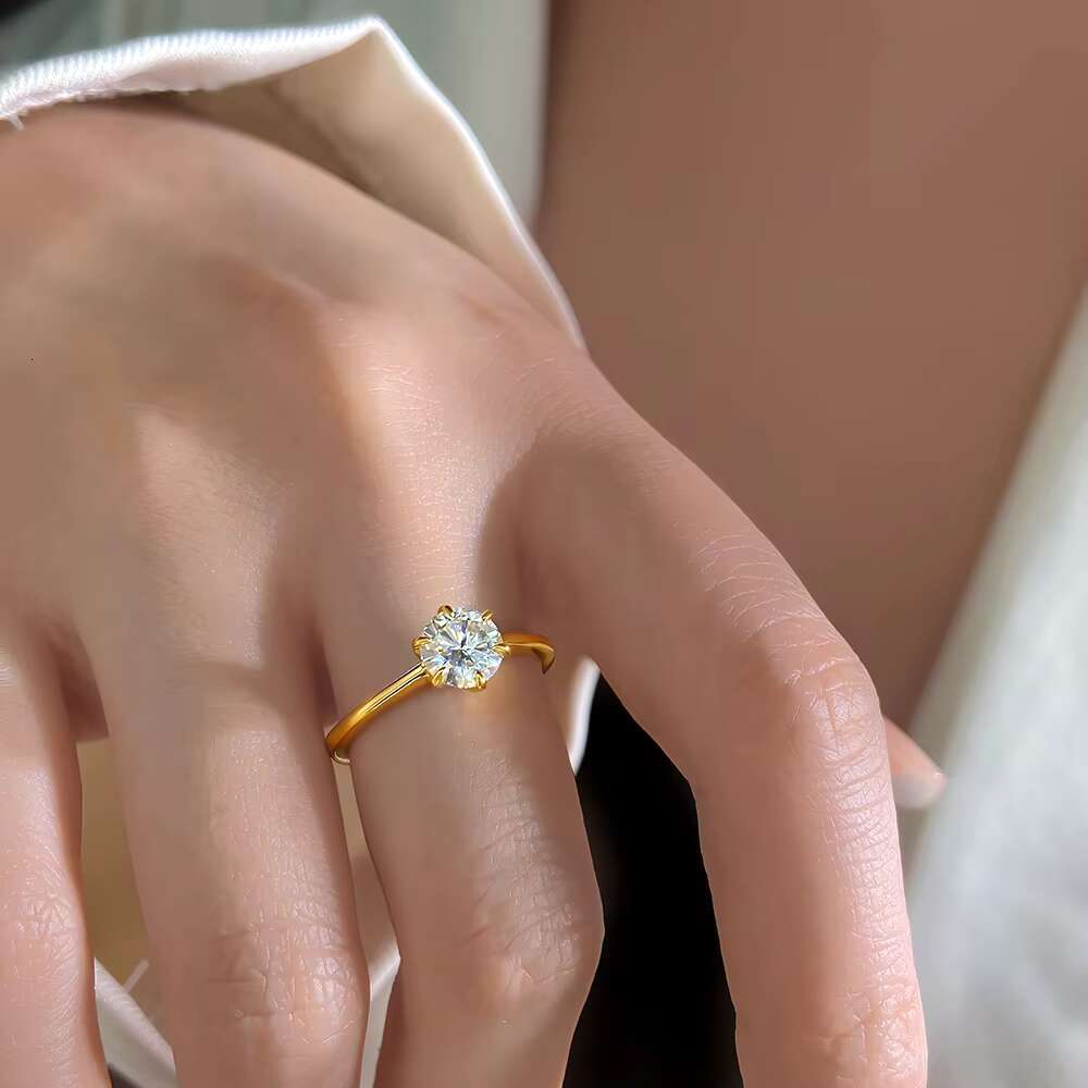 FOXI 18k Gold Plated Ring Six Prong Solitaire Round Brilliant Engagement Ring GRA 925 Sterling Silver Moissanite Wedding Ring