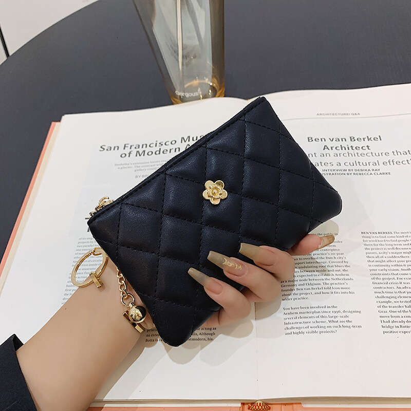 small Wallet for Women, Short and Thin, New Driving License Key Holder Card Clip, Camellia Quilted Zipper Coin Purse