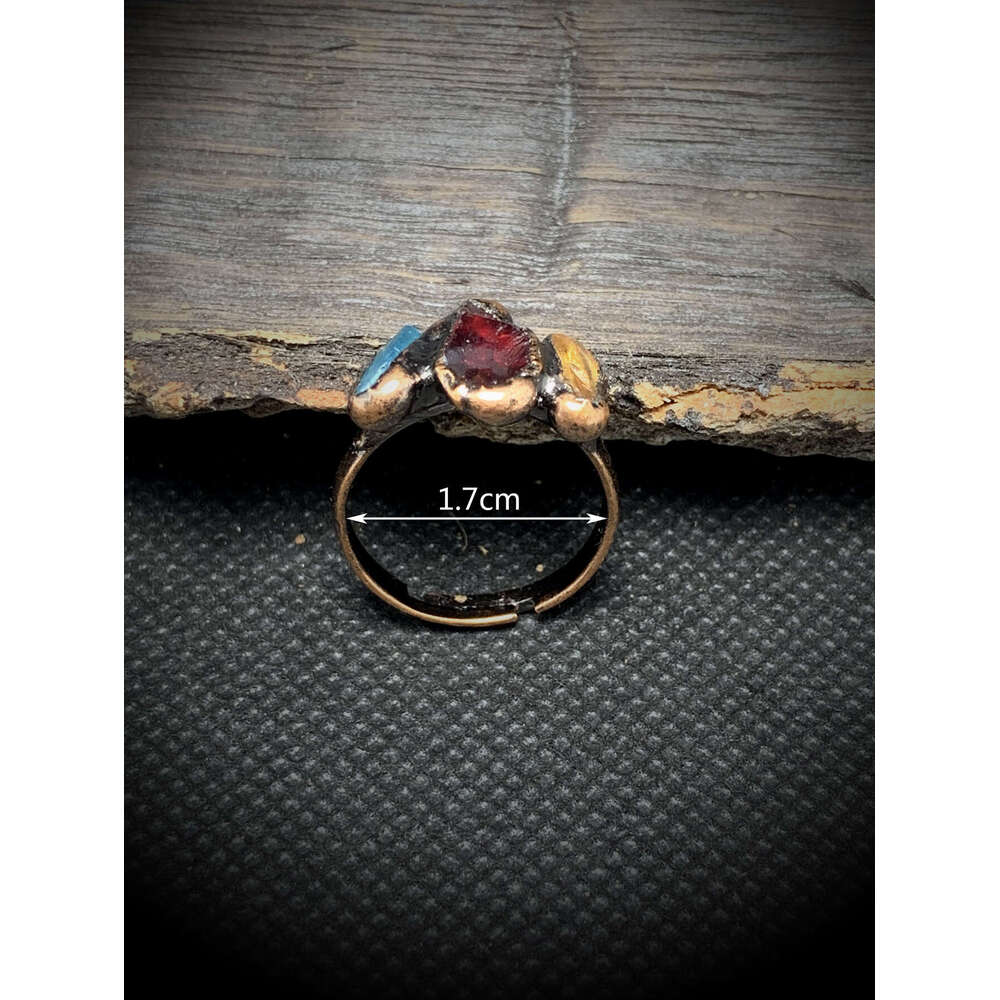 INS Style Three Natural Stone Irregular Handmade Edged Antique Bronze Ring (Stones Randomly Arranged)