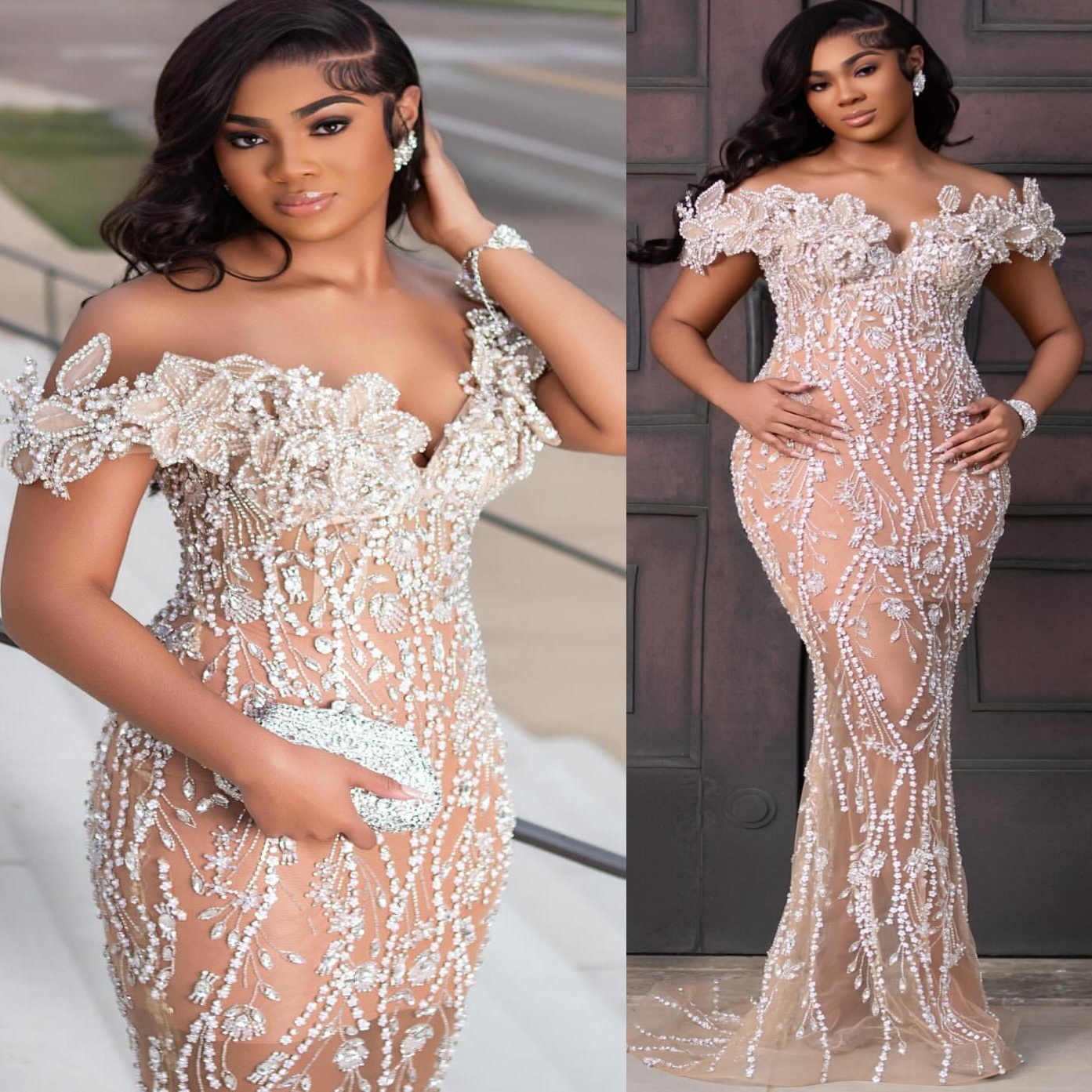 Champagne Mermaid Prom Dresses 2025 Flowers Crystals Illusion Lace Evening Formal Party Second Birthday Engagement Gowns Plus Size Dress For Special O
