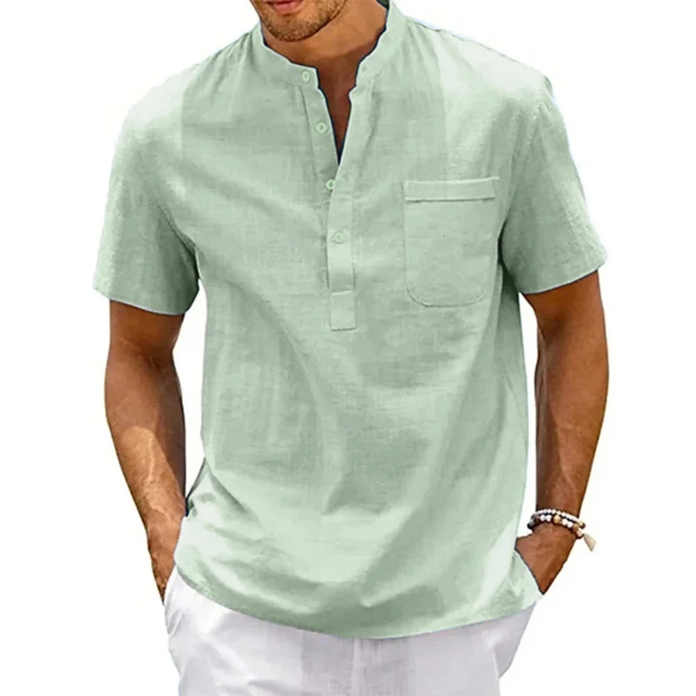 Cotton Linen Shirt Men Henley Neck Pocket Casual Beach Short Sleeve Solid Color Male Tops T-shirts Vintage Streetwear 250614