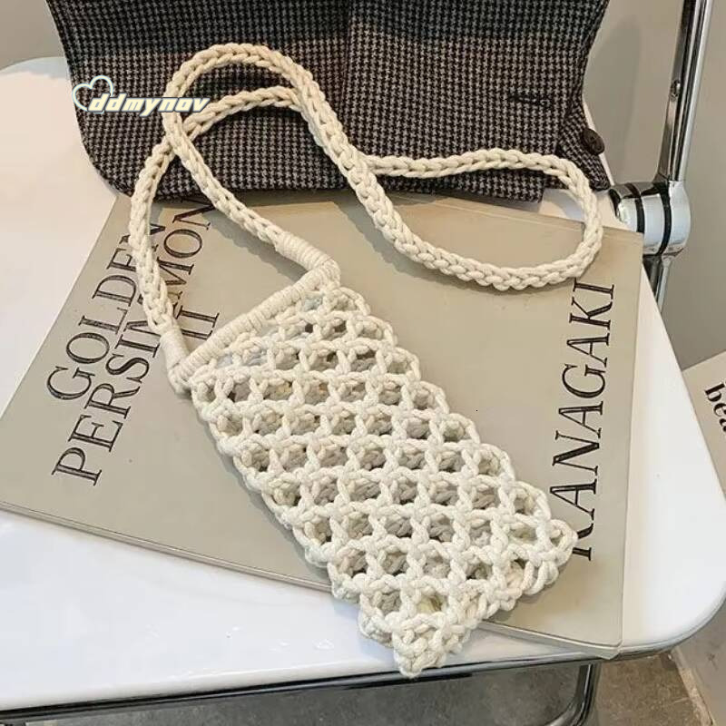 Women Fashion Small Phone Bag Solid Color Hollow-out Woven Crochet Lightweight Braided Shoulder Handbag Crossbody Bags ddmynov