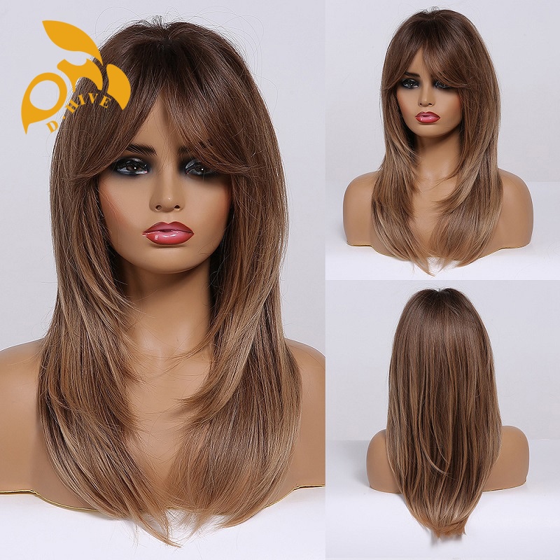 Free shipping Hair Wigs for womans wigs human hair large wave bang long curly hairfull head set women's wig color Golden Burgundy gradient