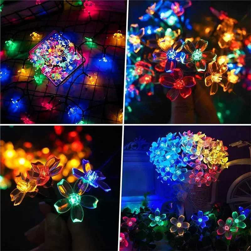 5M/7M/12M Solar Cherry Flower String Lights Outdoor Waterproof 8 Mode Fairy Light Christmas Garden Party Decoration Wedding Lamp XJ250612