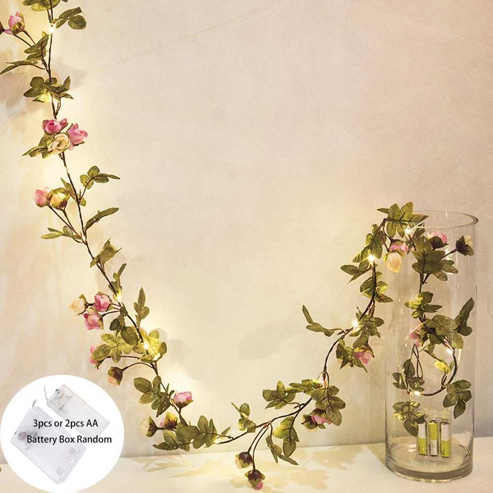 1pc Artificial Rose Garland String Light 2M/ 20 LED Silk Flowers Rose Vine Fairy Light String Battery Powered DIY Hanging Lamp XJ250612