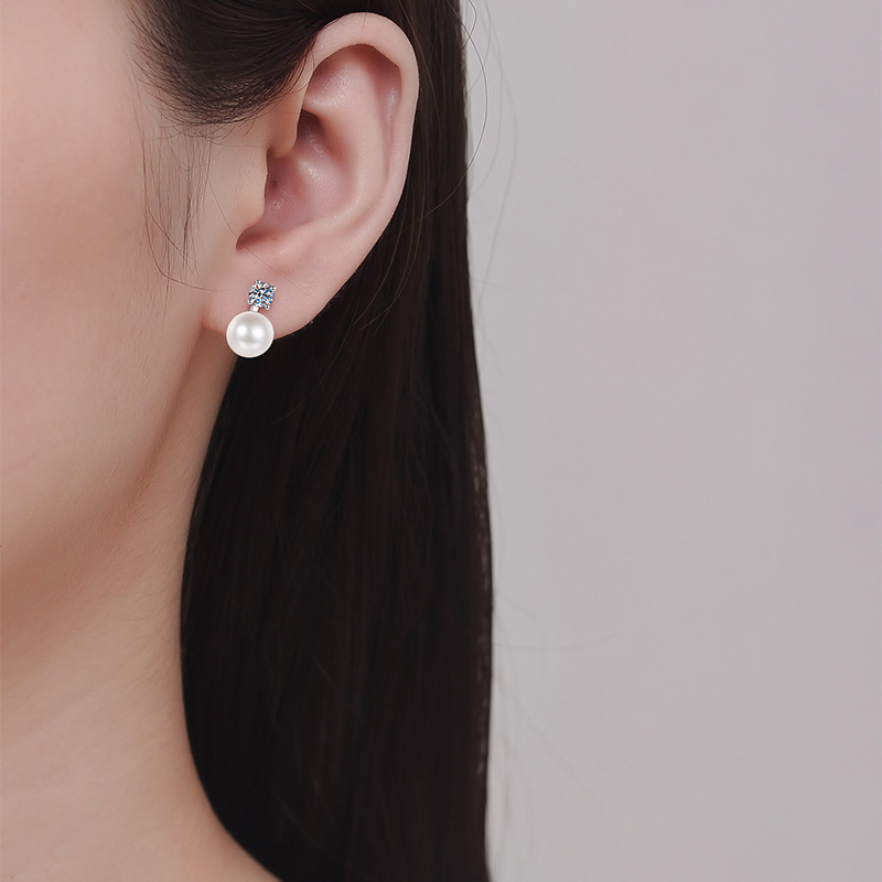 S925 Sterling Silver Stud Earrings, Korean Style Princess Design with Moissanite and Natural Pearl Drop Earrings, Women's Fashion Jewelry
