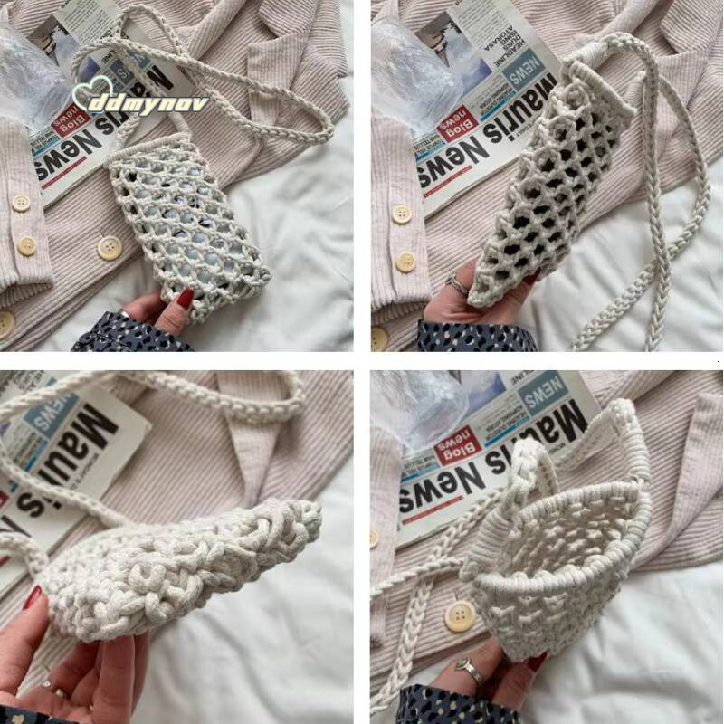 Women Fashion Small Phone Bag Solid Color Hollow-out Woven Crochet Lightweight Braided Shoulder Handbag Crossbody Bags ddmynov