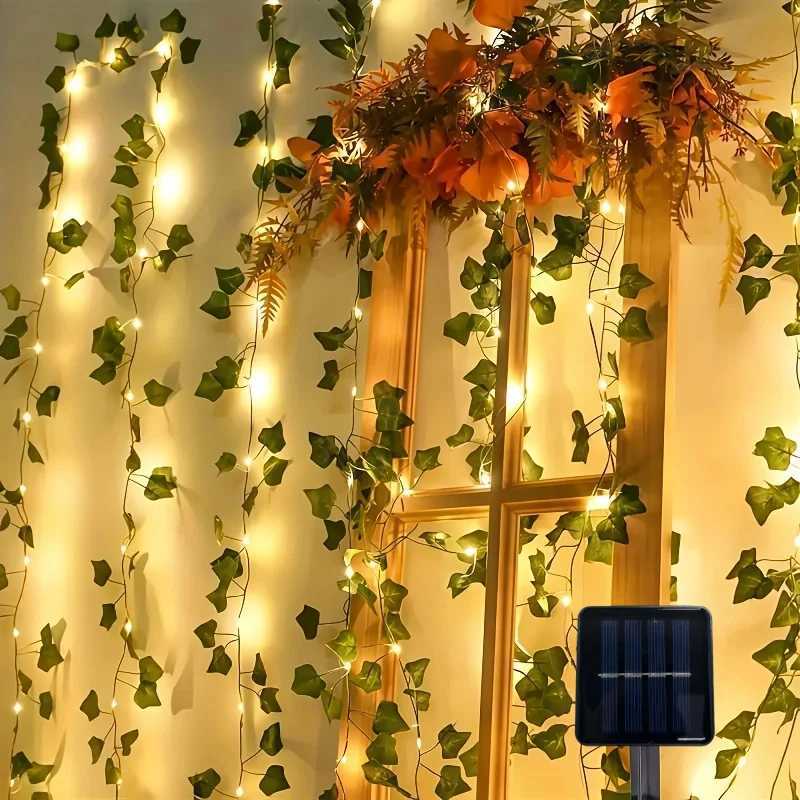 12m Solar Ivy String Lights LED Outdoor Artificial Vine Christmas Garland Fairy String Plant Lamp Maple Leaf Green Rattan String XJ250612