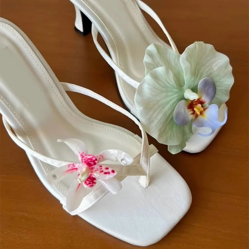 Moth Orchid Flip Flops Slippers Satin Asymmetric Square Toe Slip On Thin Heels Sandals Womens Elegant Outdoor Dress Shoes 250612