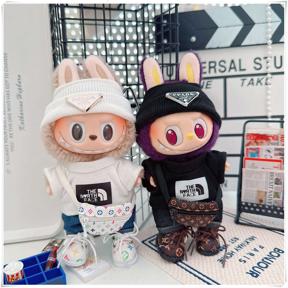 DHgargets 17cm Labubu Sportswear DIMOO Clothes 10cm Cotton Doll Black and White Peak T-shirt Trendy