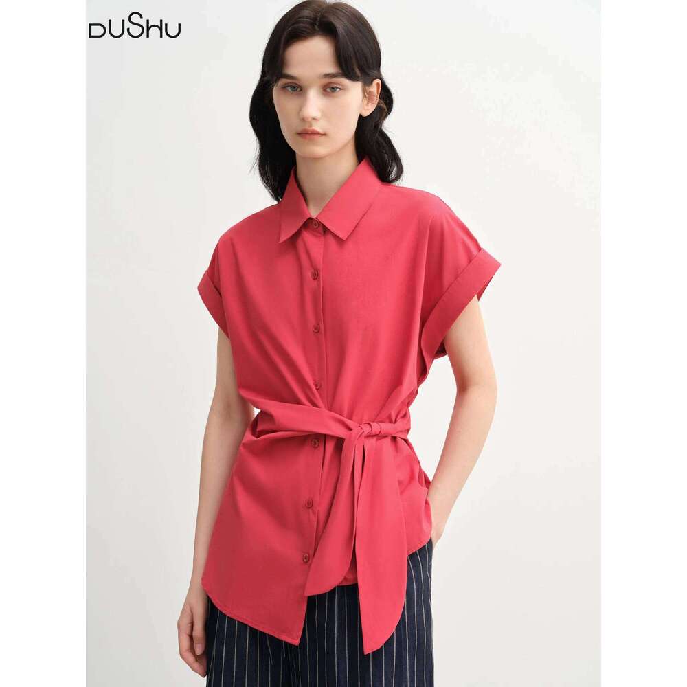 DUSHU Plus-Size Women's Laid-Back Buckle Short Sleeve Blouse - Summer Turned-Up Collar Fitted Waist Slimming Shirts 25Ds82750
