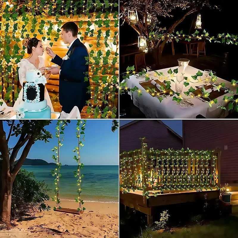 12m Solar Ivy String Lights LED Outdoor Artificial Vine Christmas Garland Fairy String Plant Lamp Maple Leaf Green Rattan String XJ250612