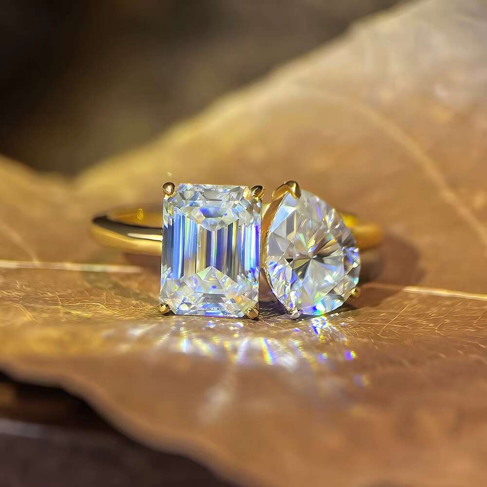 925 Sterling Silver GRA VVS Moissanite Engagement Ring for Women Pear and Princess Cut Toi Et Moi Ring