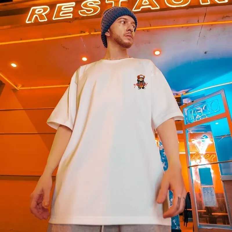 Men Oversize Tee Casual Loose American Denim Jacket Bear Print T-shirt Suitable Men Women Youth T-shirts X250613