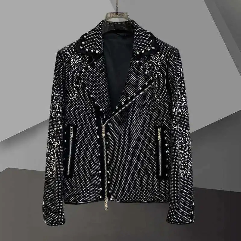 High Quality Paisley Heavy Industry Rhinestones Men Jacket Coat Drill Punk Club Outfit Jacket Jaqueta Bomber Diamond Black 250611