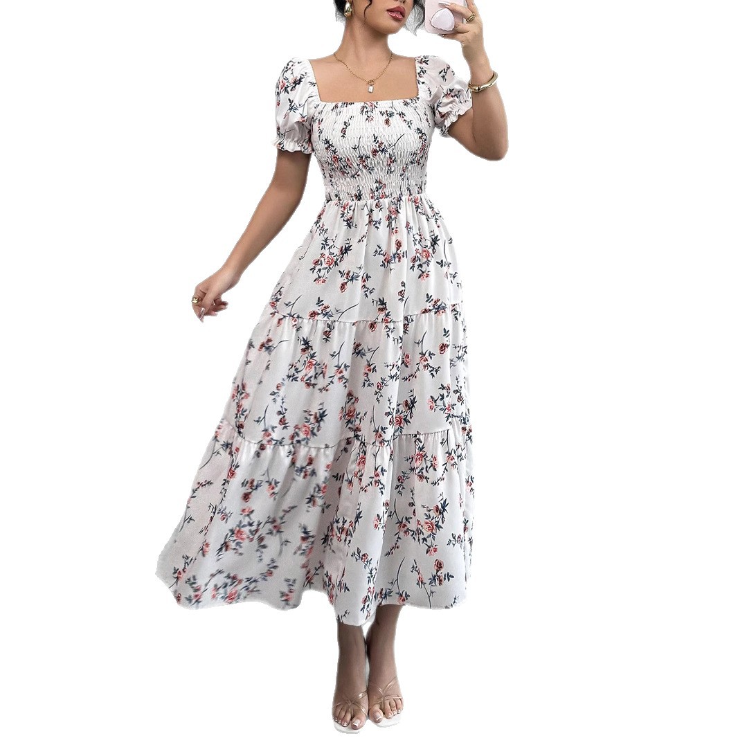 P612Ladies new French style puff sleeve floral print maxi dress