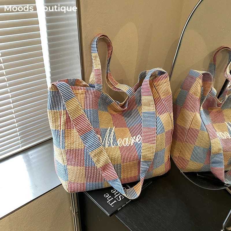 2025 Summer New Trends Striped Plaid Tote Bags For Women Cotton Fabric Letter Prints Large Capacity Shoulder Shopper Student Bag M250613