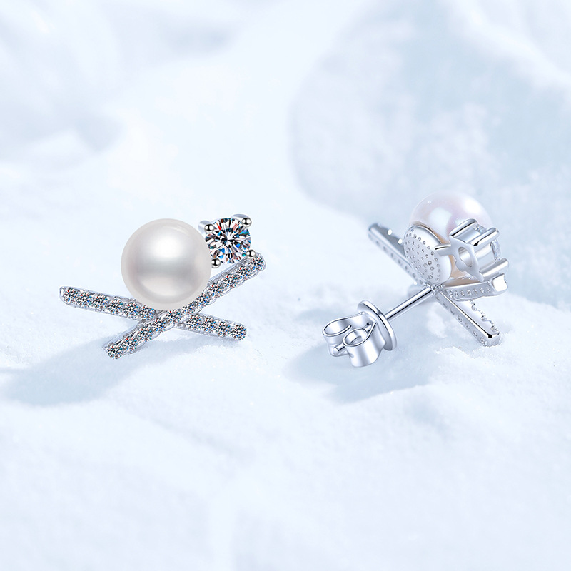 S925 Sterling Silver Stud Earrings, Women's Butterfly X-Shape D-Color 60-Point Moissanite, Freshwater Pearl Studs, Fashion High-End Earrings