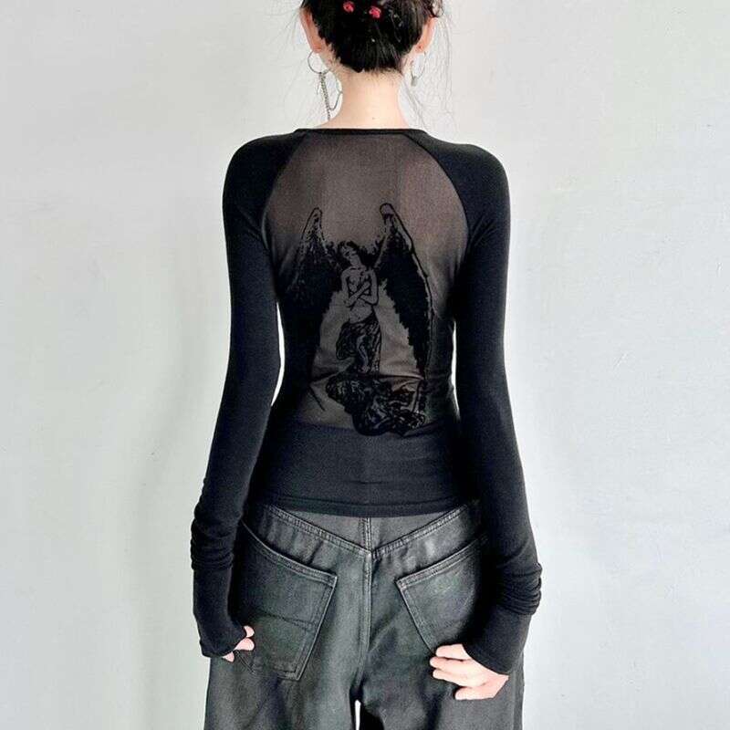 hoodie Women's Wear Y2k American Style Pure Desire Sexy Hot Girl Top Angel Print Mesh Long Sleeve Slim Fit Short T-Shirt jacket