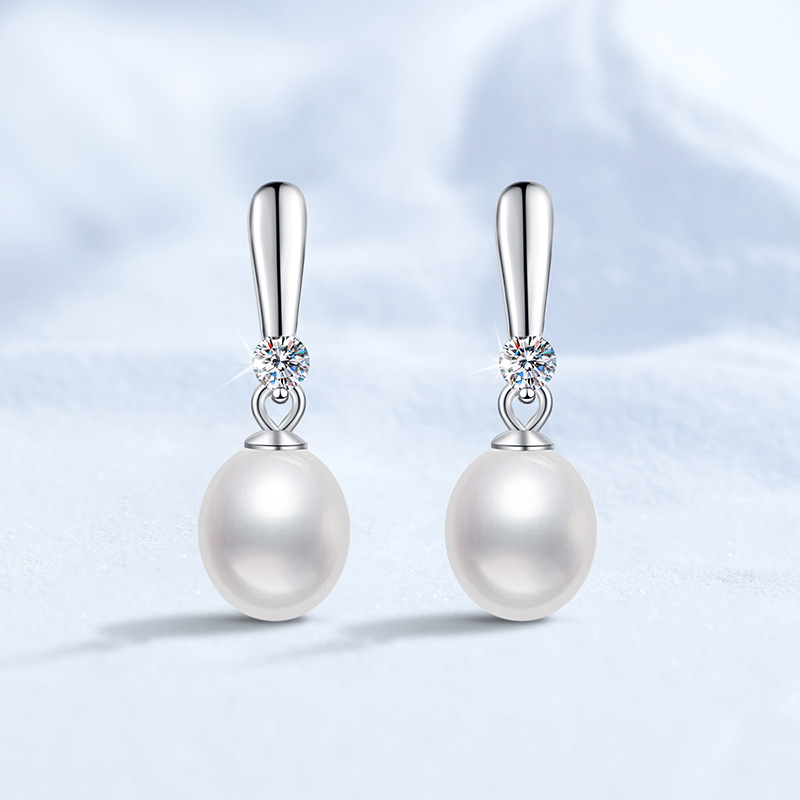 S925 Sterling Silver Moissanite Stud Earrings, Women's Diana Style Freshwater Pearl Earrings, Elegant High-End Earrings, Wholesale