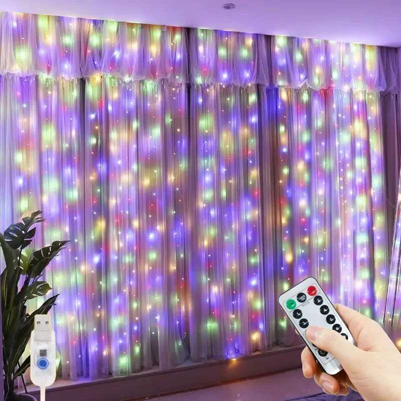 New Year 2025 USB Curtain String Fairy Lights 8 Modes 6/3M LED Christmas Garland Remote For Party Garden Home Wedding Decoration XJ250612