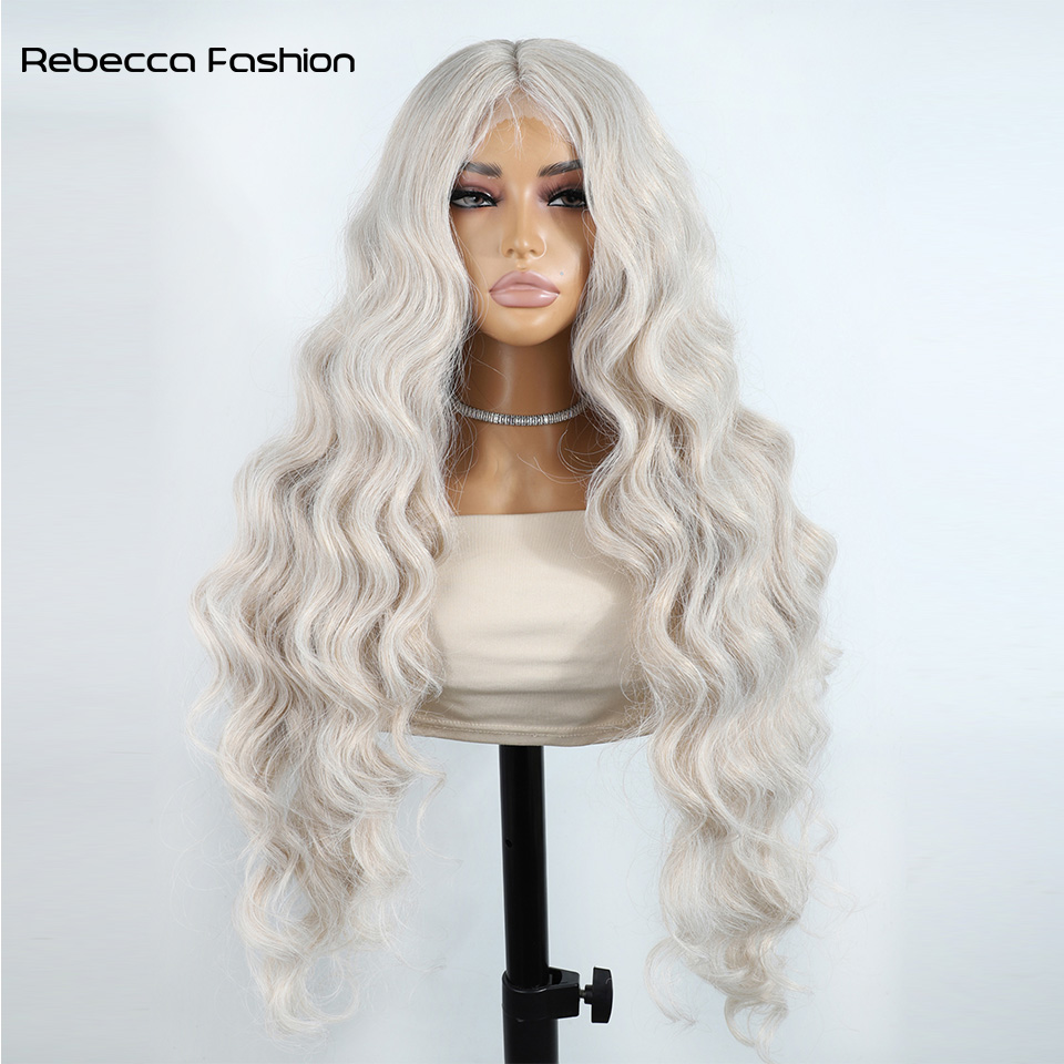 Recebba Fashion Front Body Wave For Women 32 Inch Honey Brown Ombre White Synthetic Lace Wig Cosplay Wigs