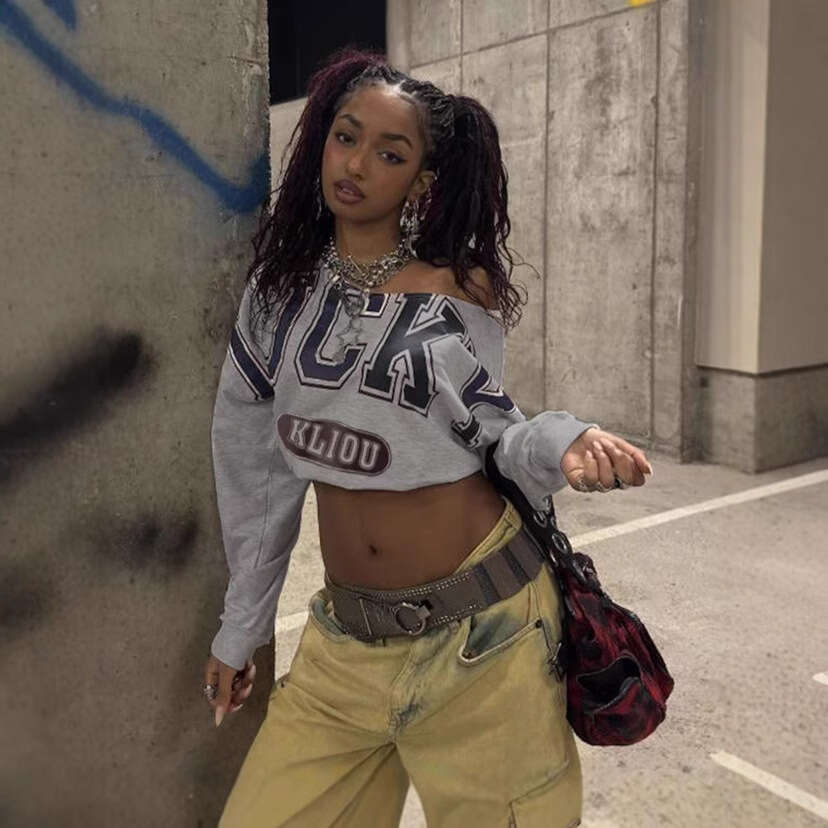 hoodie Women's Wear Women's Fashion Autumn Winter New Style Personality Letter Print Casual Asymmetric Shoulder Loose Cropped Long Sleeve T-