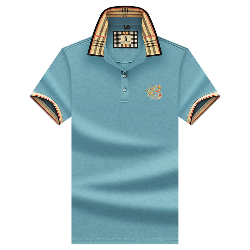 New embroidered solid-color checkered short-sleeved T-shirt for men's summer fashion business polo shirt