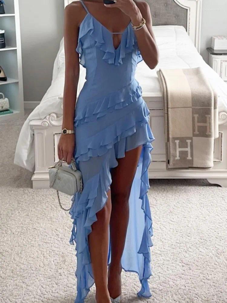 Elegant V-Neck Ruffle Dress: Solid Color Sleeveless Split Dress for Beach Holiday Ladies C260312