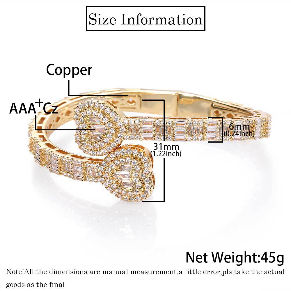 Hip Hop Heart Shape Clasp Bangle Real Gold Plated TopBling T Zircons Spring Lock Women Men Jewelry