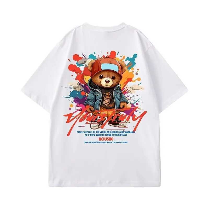 Men Oversize Tee Casual Loose American Denim Jacket Bear Print T-shirt Suitable Men Women Youth T-shirts X250613