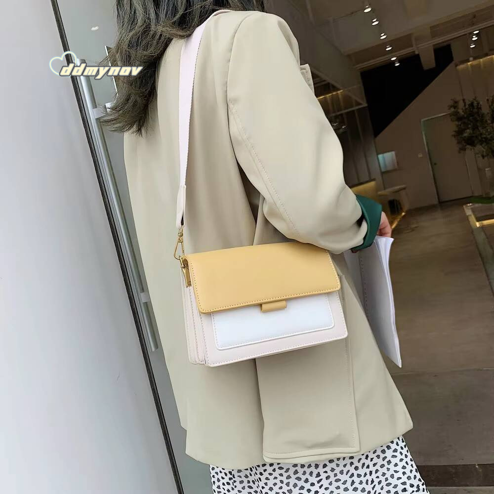 Contrast color Leather Crossbody Bags For Women Travel Handbag Fashion Simple Shoulder Messenger Ladies Small Flap Bag ddmynov