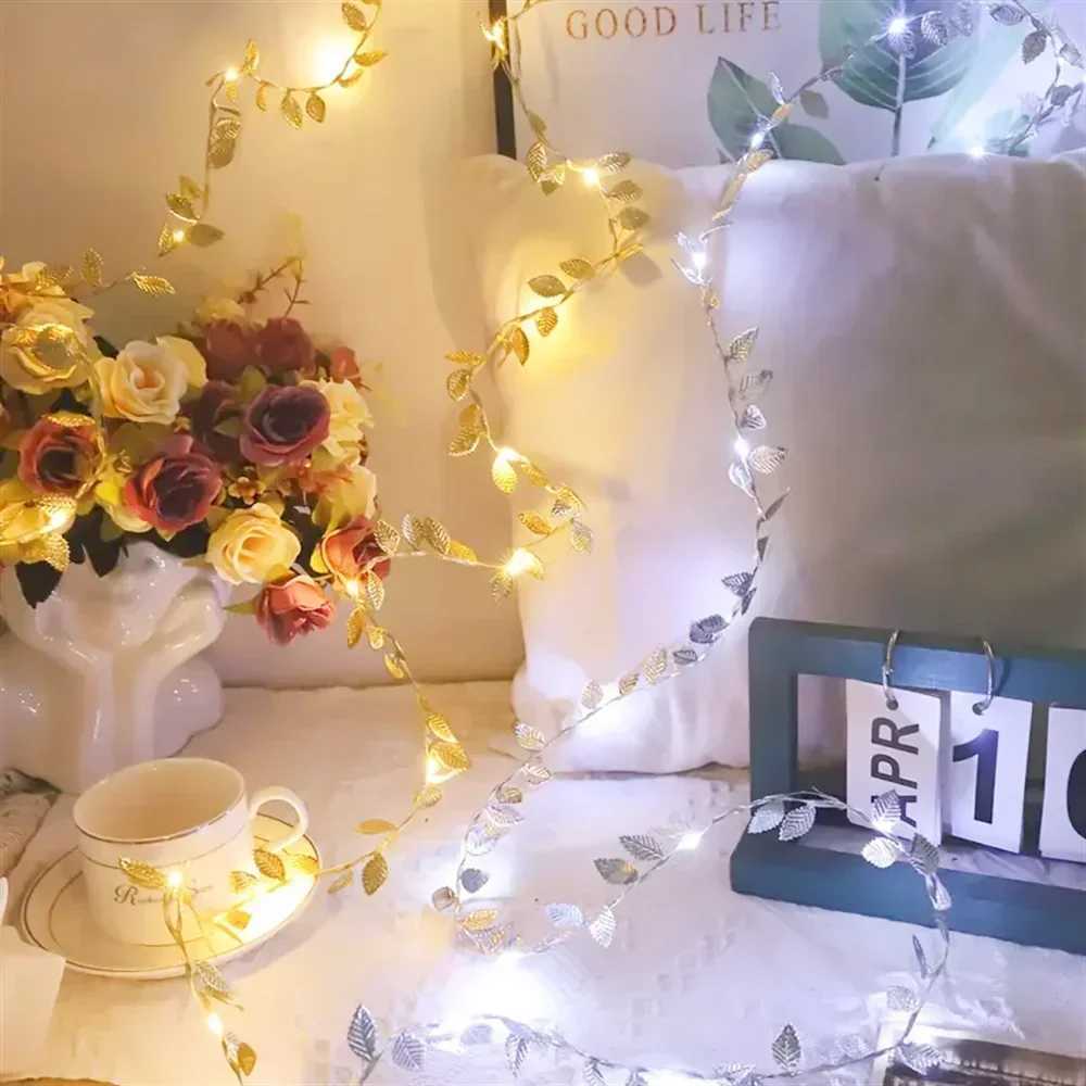 Golden Silver Tiny Leaves Fairy Light 20/50/100 LEDs Battery Powered Artificial Plant Garland Vine Lights For Wedding Home Party XJ250612