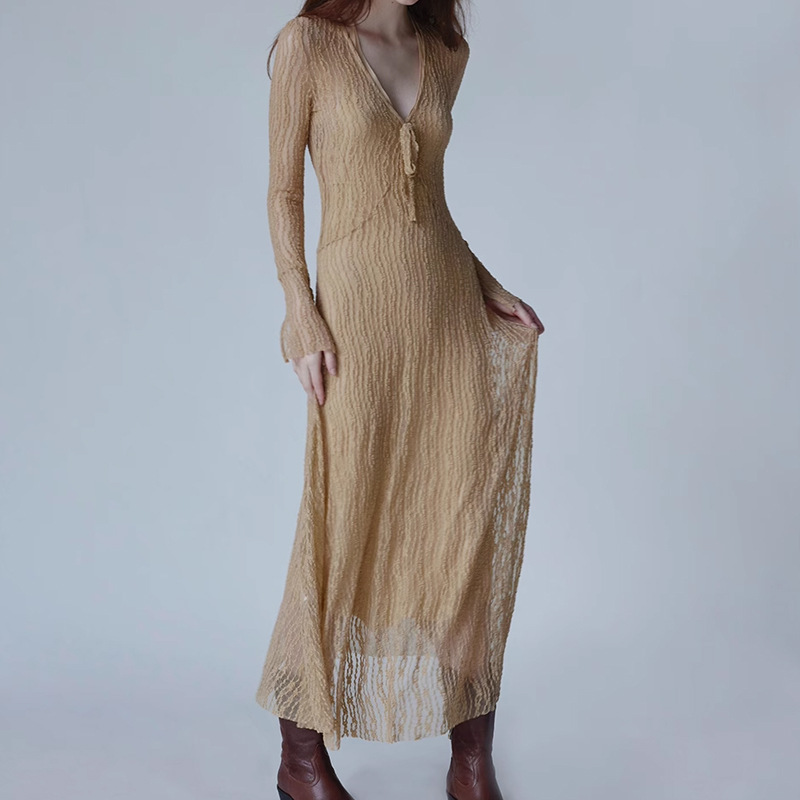 MU220 Women's trumpet sleeve knitted lace transparent lace dress slim fishtail luxury lady evening dress