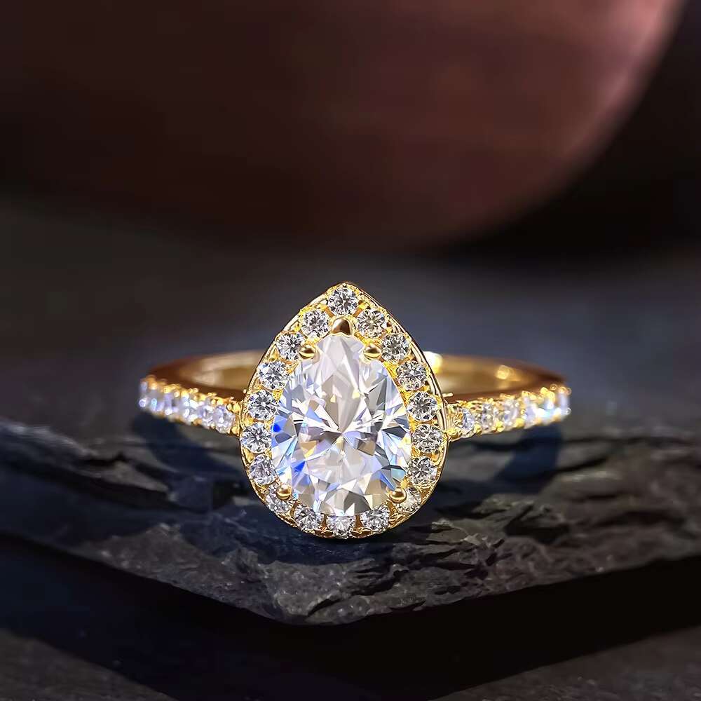Factory Price 18K Gold Plated Pear VVS D Color Moissanite Diamond Pure 925 Sterling Silver Ring